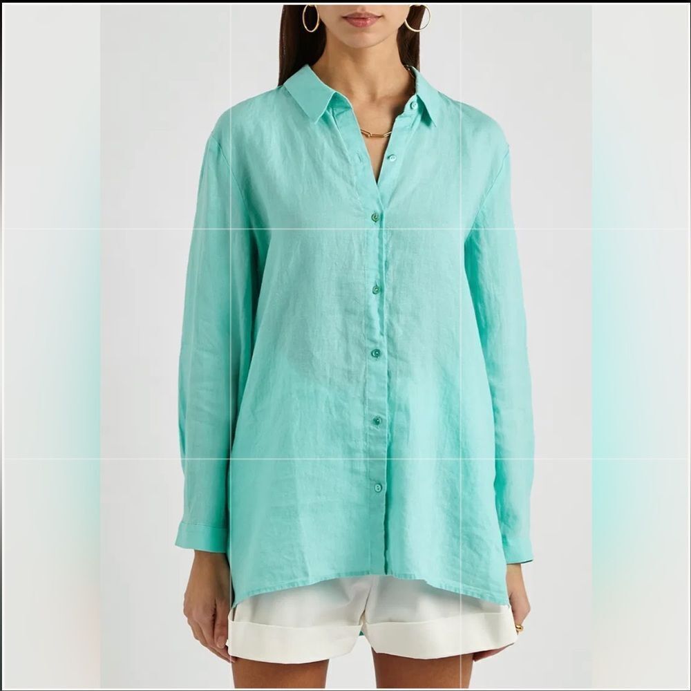 Eileen Fisher 100% Irish Linen Button Down Top Turquoise Small